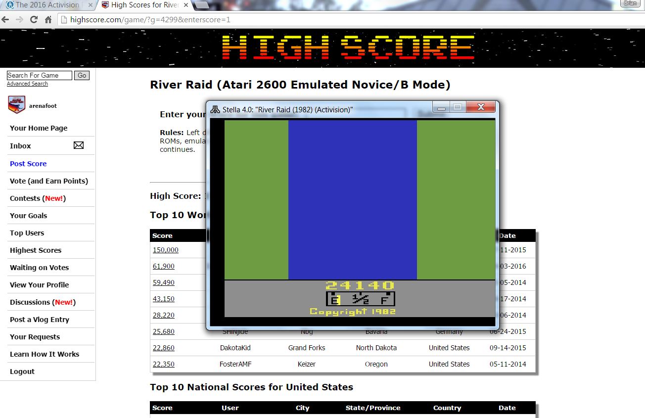 arenafoot: River Raid (Atari 2600 Emulated Novice/B Mode) 24,140 points on 2016-06-26 16:02:22