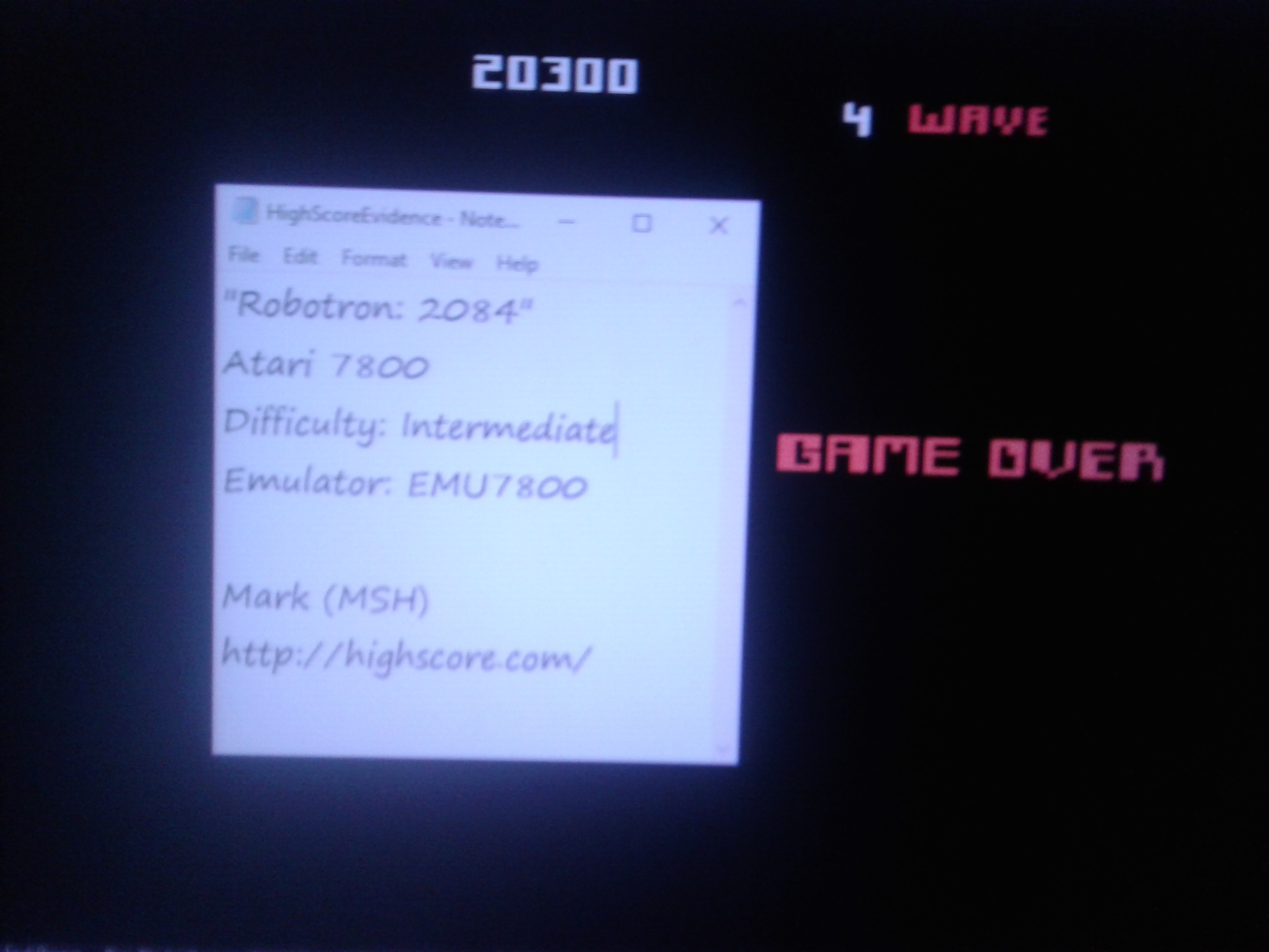 Mark: Robotron 2084: Intermediate (Atari 7800 Emulated) 20,300 points on 2019-01-06 02:40:33