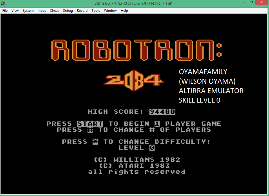 oyamafamily: Robotron 2084: Level 0 (Atari 5200 Emulated) 94,400 points on 2016-02-07 08:51:24