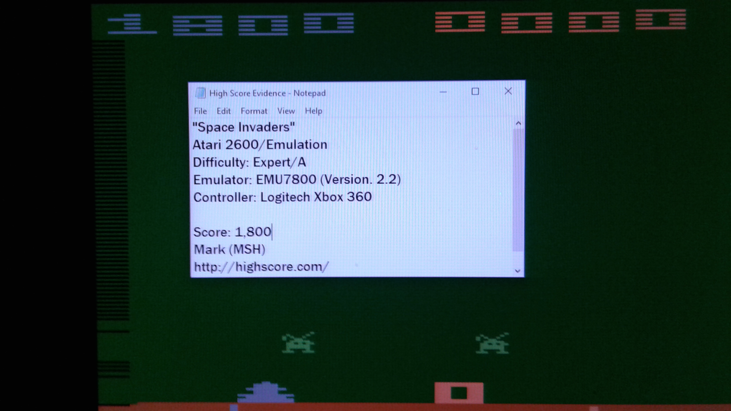 Mark: Space Invaders (Atari 2600 Emulated Expert/A Mode) 1,800 points on 2019-03-17 00:14:35