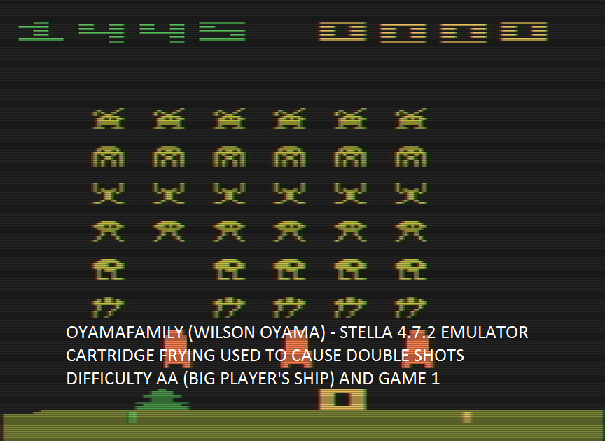 oyamafamily: Space Invaders [Cart-Fry: Double Shots] (Atari 2600 Emulated Expert/A Mode) 1,445 points on 2016-09-17 17:48:20