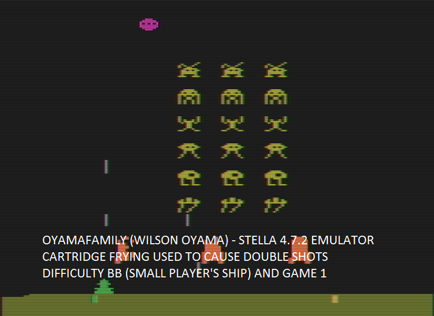 oyamafamily: Space Invaders [Cart-Fry: Double Shots] (Atari 2600 Emulated Novice/B Mode) 2,100 points on 2016-09-17 17:47:23