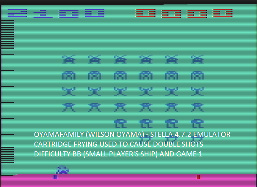 oyamafamily: Space Invaders [Cart-Fry: Double Shots] (Atari 2600 Emulated Novice/B Mode) 2,100 points on 2016-09-17 17:47:23