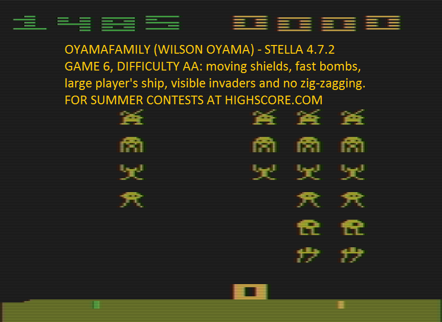 oyamafamily: Space Invaders: Game 6 (Atari 2600 Emulated Expert/A Mode) 1,485 points on 2016-07-14 10:26:31