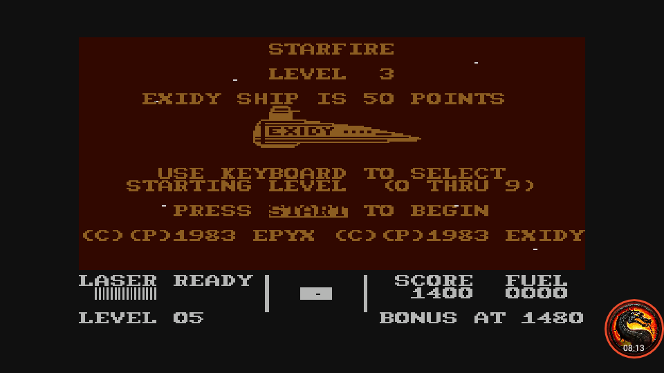 omargeddon: Starfire  [Level 3] (Atari 400/800/XL/XE Emulated) 1,400 points on 2020-08-21 01:25:23