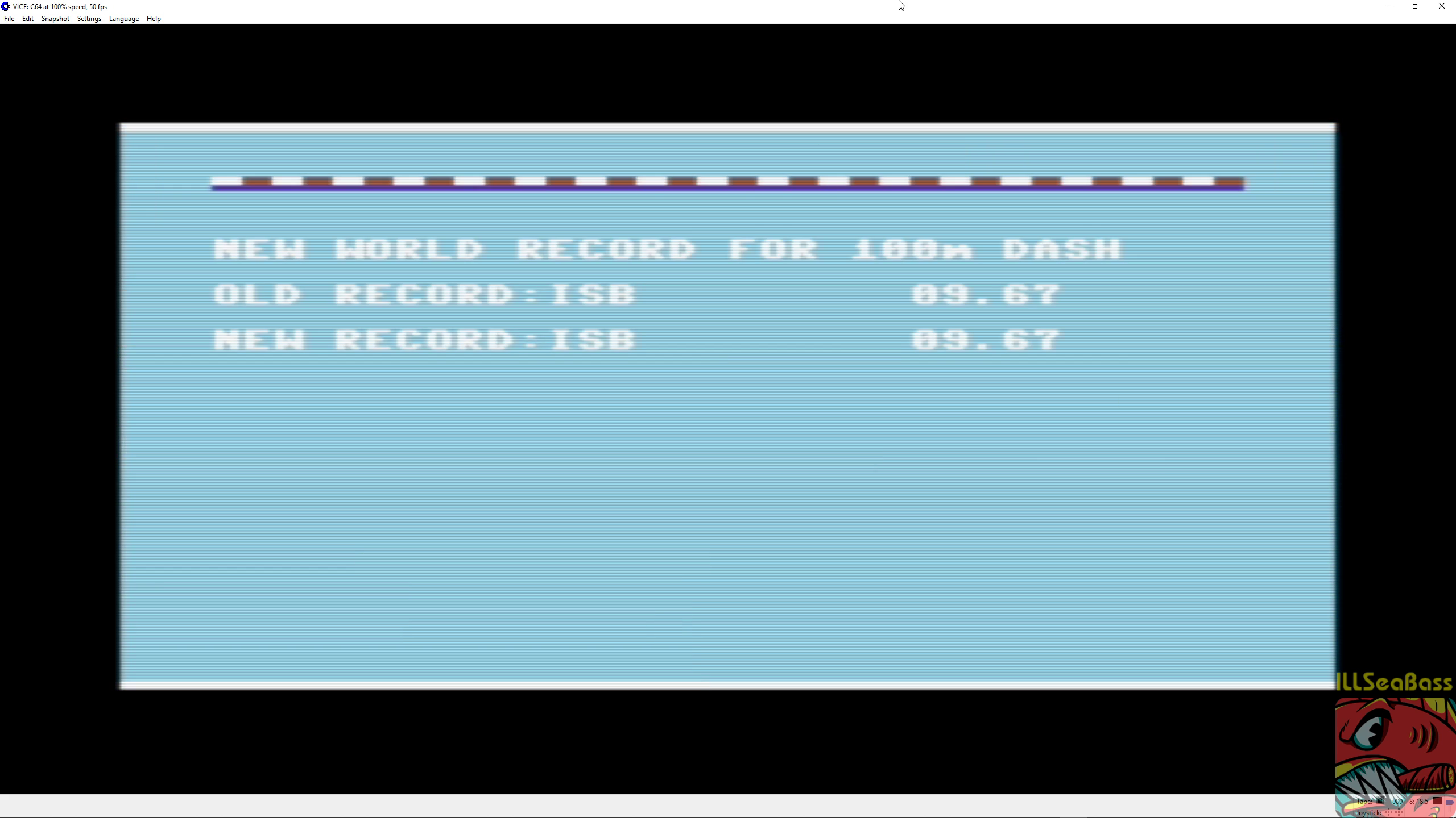ILLSeaBass: Summer Games: 100m Dash (Commodore 64 Emulated) 0:00:09.67 points on 2018-08-27 21:33:10