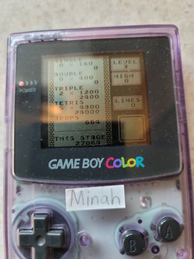 minah: Tetris: Type B [Level 3 / High 0] (Game Boy) 27,064 points on 2021-09-24 10:35:33