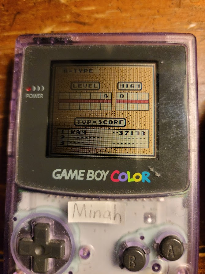 minah: Tetris: Type B [Level 4 / High 0] (Game Boy) 37,138 points on 2021-10-28 22:05:11