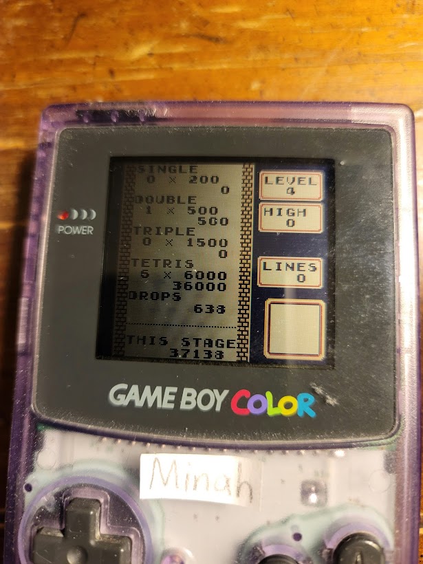 minah: Tetris: Type B [Level 4 / High 0] (Game Boy) 37,138 points on 2021-10-28 22:05:11