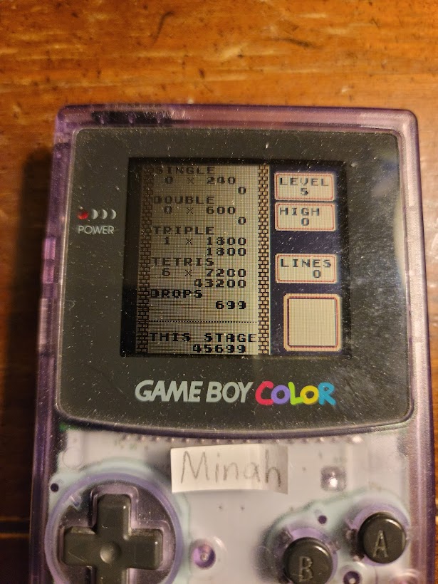 minah: Tetris: Type B [Level 5 / High 0] (Game Boy) 45,699 points on 2021-11-03 17:40:53