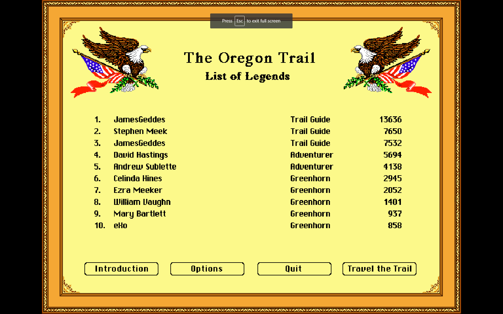 oregon trail 2 high scores