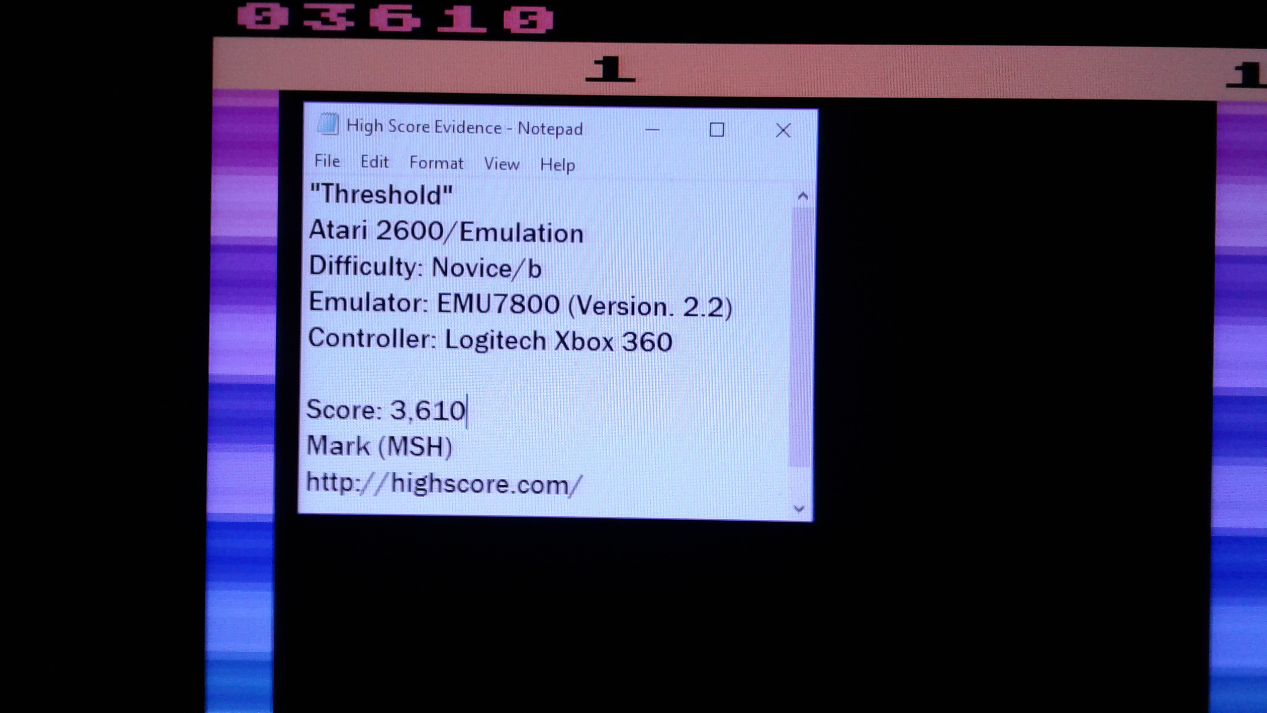 Mark: Threshold (Atari 2600 Emulated Novice/B Mode) 3,610 points on 2019-03-17 00:30:21