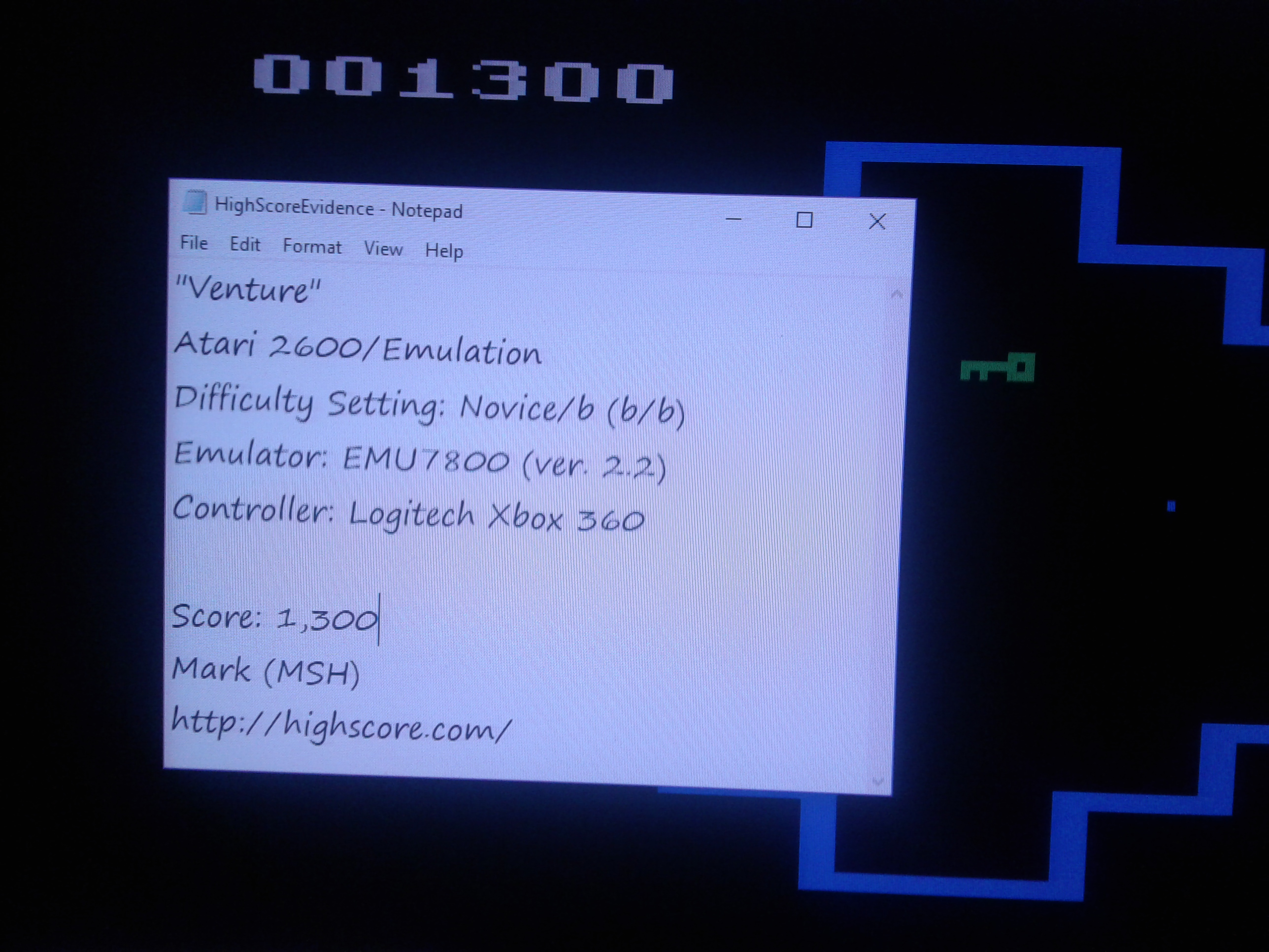 Mark: Venture (Atari 2600 Emulated Novice/B Mode) 1,300 points on 2019-02-14 01:09:07