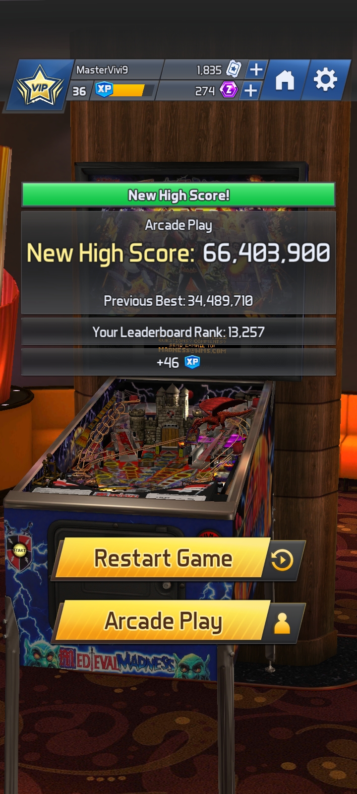Hauntedprogram: Williams Pinball: Medieval Madness [Arcade Play] (Android) 66,403,900 points on 2022-10-21 22:14:49