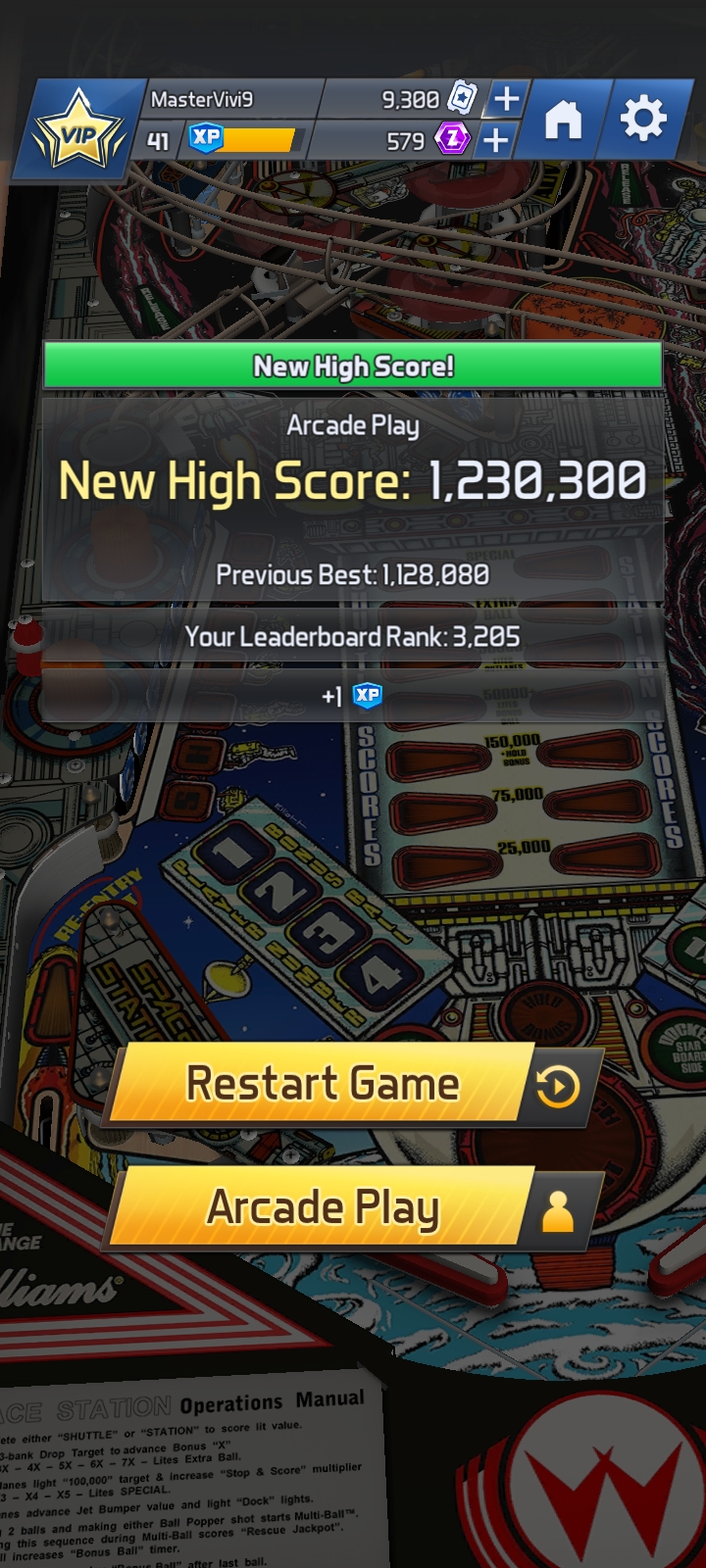 Hauntedprogram: Williams Pinball: Space Station [Arcade Play] (Android) 1,230,300 points on 2023-09-16 03:18:45