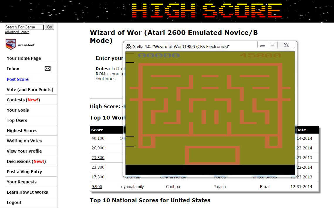 arenafoot: Wizard of Wor (Atari 2600 Emulated Novice/B Mode) 45,800 points on 2016-03-06 20:55:34