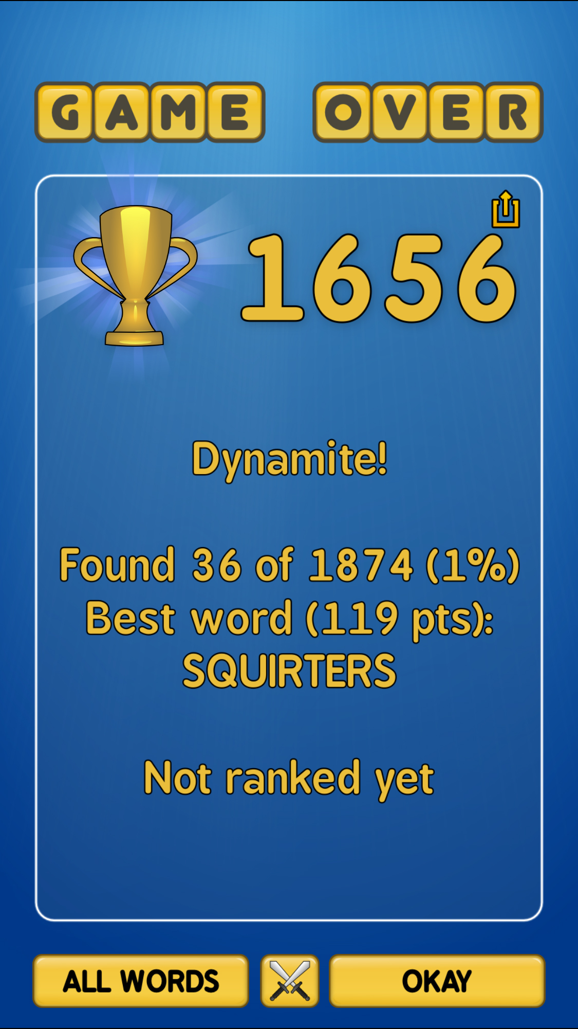 Spindy12: Word Shaker [6x6 board at a 3 minute limit] (iOS) 1,656 points on 2016-11-21 23:03:04