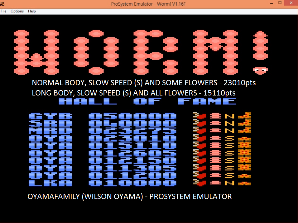 oyamafamily: Worm! [Slow/Long Body/All] (Atari 7800 Emulated) 15,110 points on 2016-03-13 19:25:37