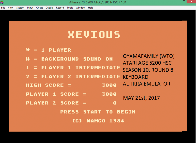 oyamafamily: Xevious (Atari 5200 Emulated) 3,000 points on 2017-07-30 19:12:16