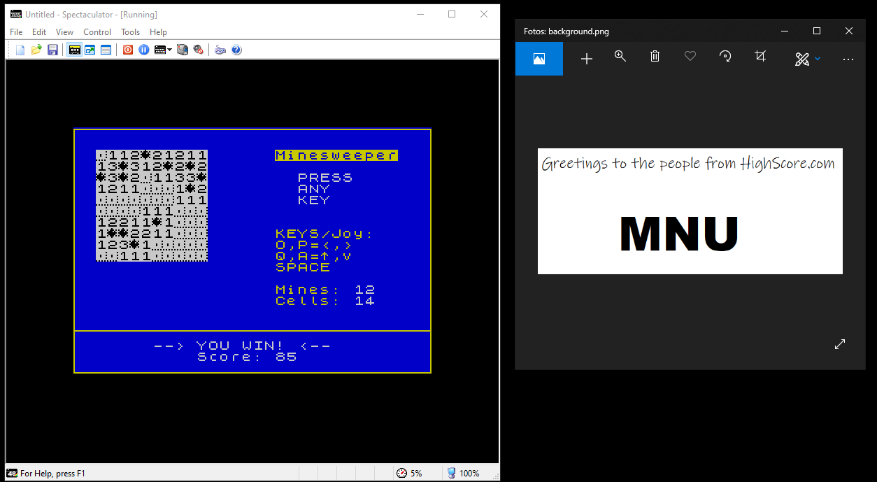 hughes10: ZX Mines / Minesweeper [Compiler Software] [Normal] (ZX Spectrum Emulated) 85 points on 2019-08-28 17:51:02