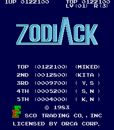 MikeDietrich: Zodiack [zodiack] (Arcade Emulated / M.A.M.E.) 122,100 points on 2017-08-06 17:30:19