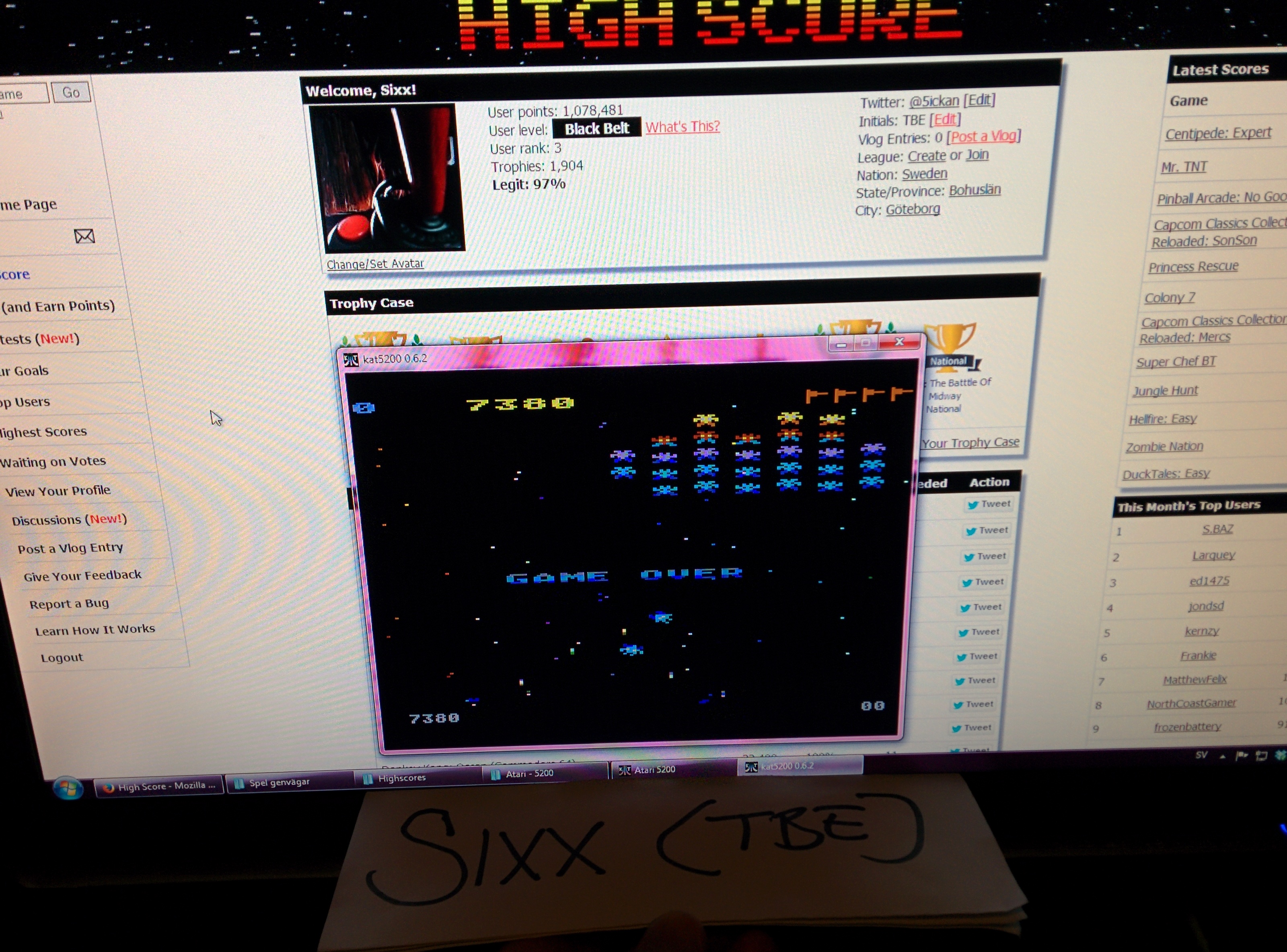 Sixx: Galaxian: Skill Level 1 (Atari 5200 Emulated) 7,380 points on 2014-07-13 17:13:13