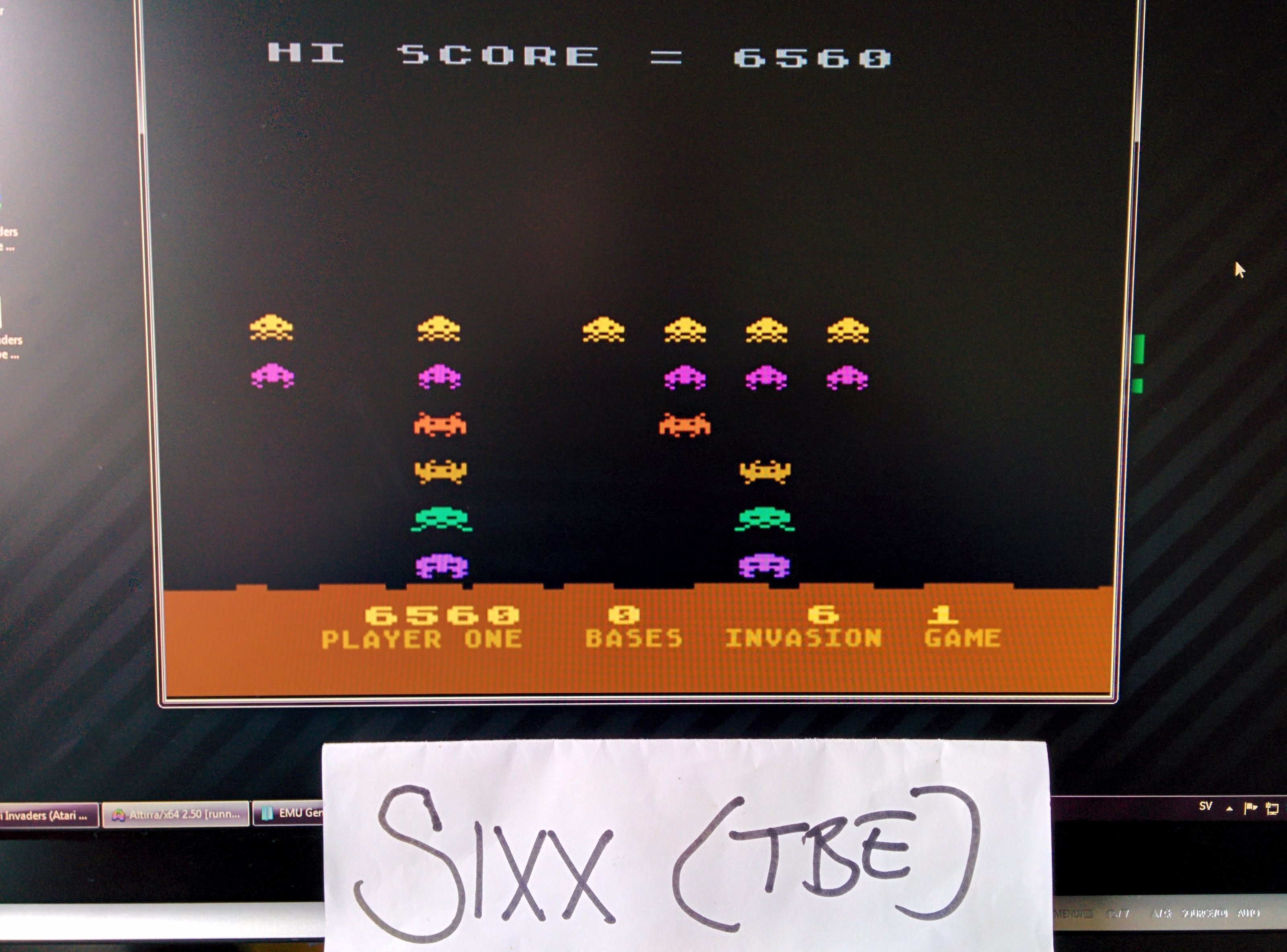 Sixx: Atari Invaders (Atari 400/800/XL/XE Emulated) 6,560 points on 2014-08-09 11:59:28