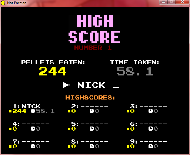 nick666101: Not Pac-Man [All 244 Pellets Eaten] (PC) 0:00:58.1 points on 2014-08-20 06:43:09