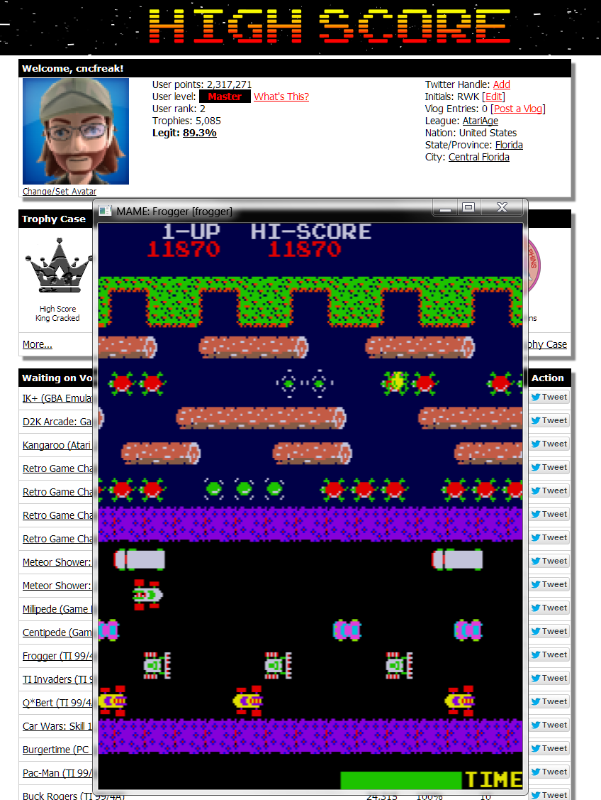 cncfreak: Frogger (Arcade Emulated / M.A.M.E.) 11,870 points on 2014-08-31 15:12:40