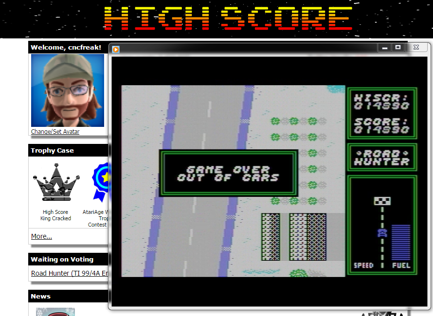 cncfreak: Road Hunter (TI 99/4A Emulated) 14,890 points on 2014-12-27 08:27:00