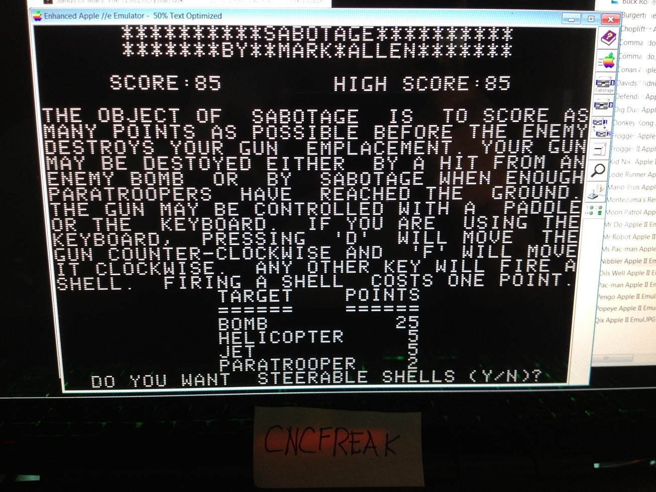 cncfreak: Sabotage (Apple II Emulated) 85 points on 2013-10-16 23:09:37