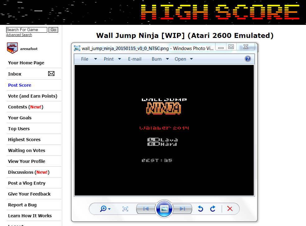 arenafoot: Wall Jump Ninja [WIP] (Atari 2600 Emulated) 35 points on 2015-03-29 00:36:07