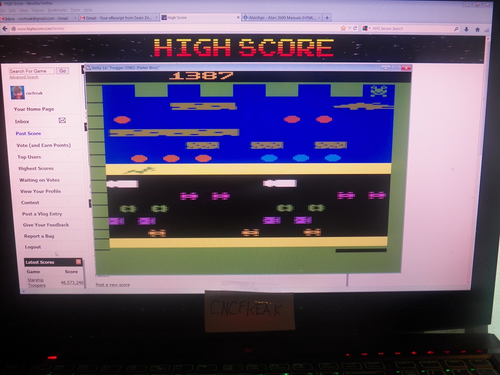 cncfreak: Frogger (Atari 2600 Emulated Novice/B Mode) 1,387 points on 2013-11-24 09:15:34