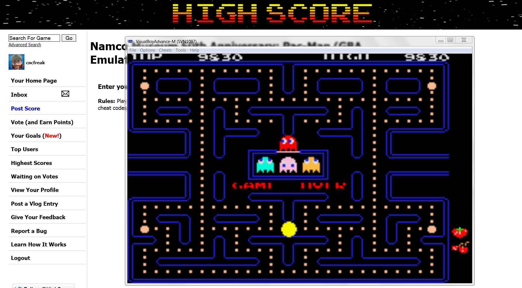 cncfreak: Namco Museum 50th Anniversary: Pac-Man (GBA Emulated) 9,830 points on 2014-03-04 21:43:49