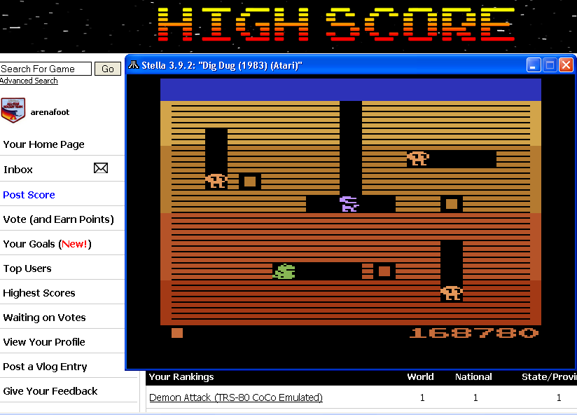 arenafoot: Dig Dug (Atari 2600 Emulated) 168,780 points on 2014-03-16 20:24:58