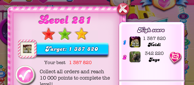 Candy Crush Saga: Level 281 1,387,820 points