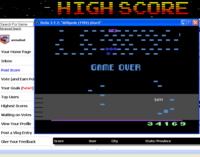 arenafoot: Millipede (Atari 2600 Emulated Novice/B Mode) 34,169 points on 2014-03-21 19:31:12