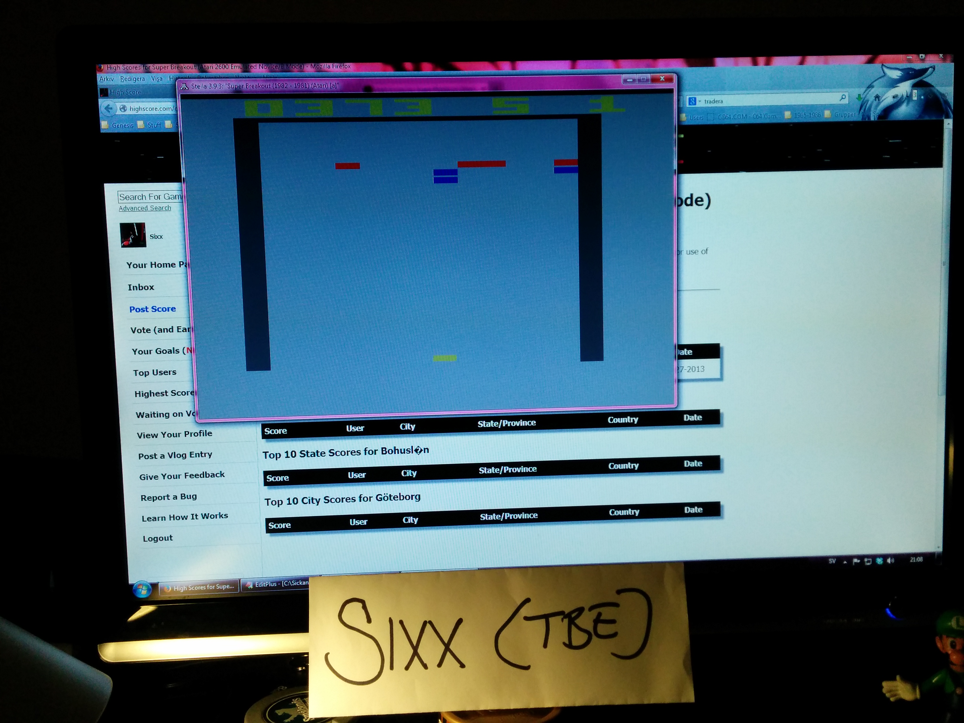 Sixx: Super Breakout (Atari 2600 Emulated Novice/B Mode) 373 points on 2014-04-09 13:53:56