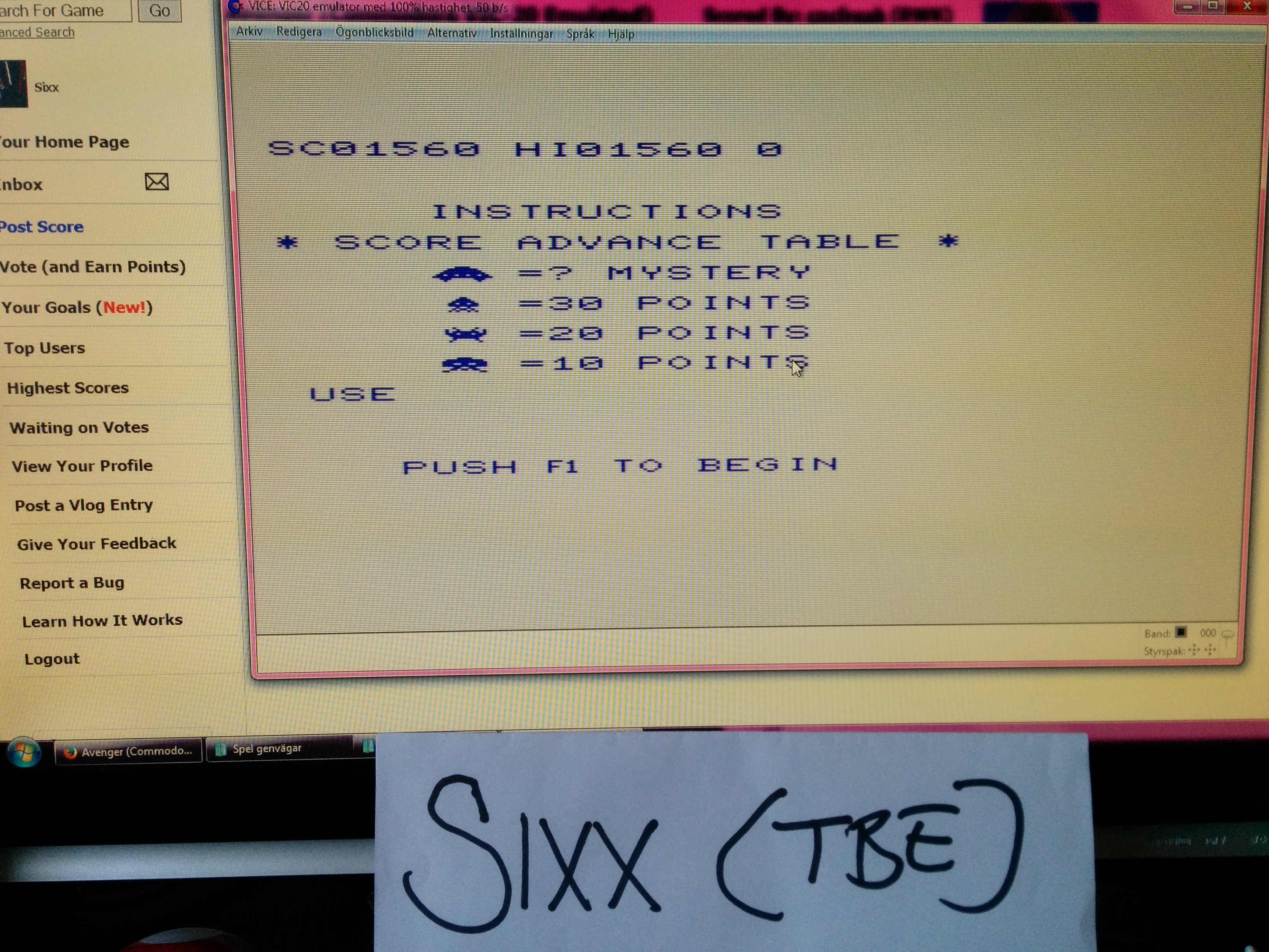 Sixx: Avenger (Commodore VIC-20 Emulated) 1,560 points on 2014-04-18 11:34:19