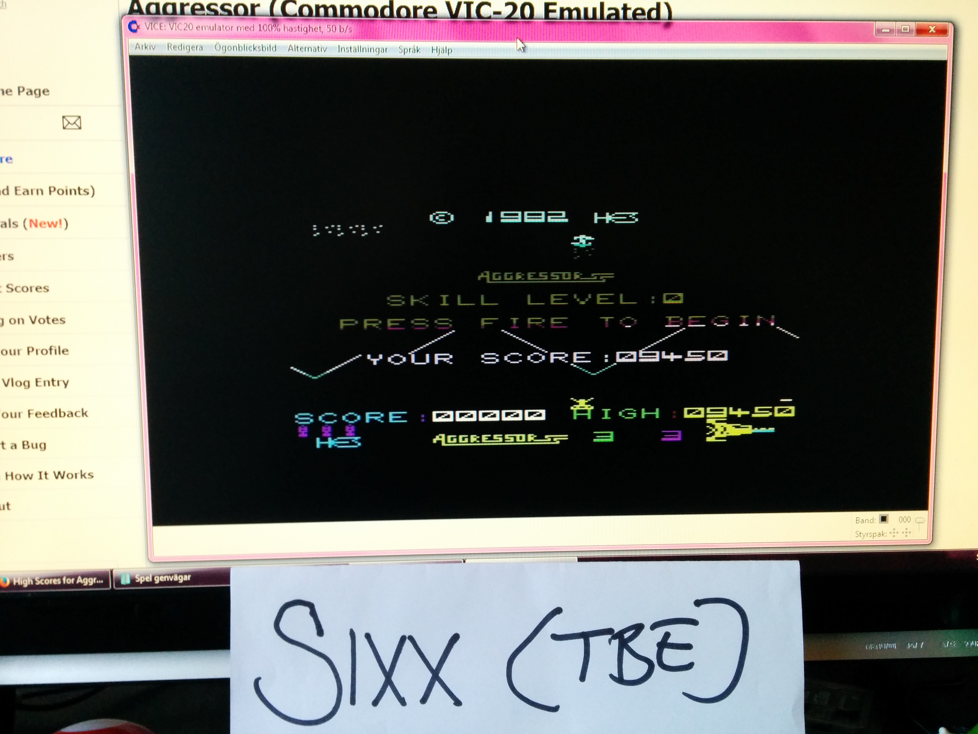 Sixx: Aggressor (Commodore VIC-20 Emulated) 9,450 points on 2014-04-18 11:43:17