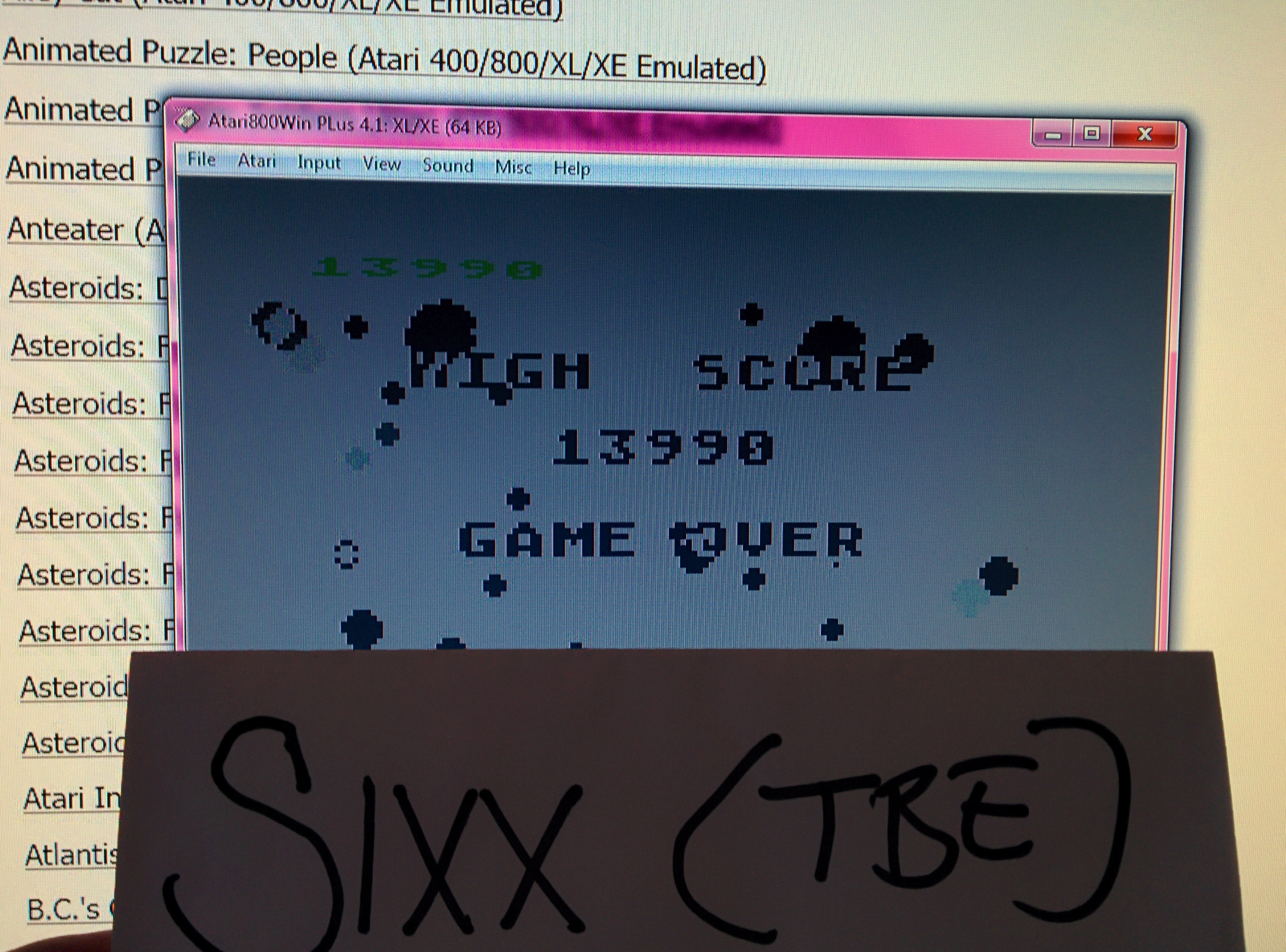 Sixx: Asteroids: Default (Atari 400/800/XL/XE Emulated) 13,990 points on 2014-05-01 13:23:11