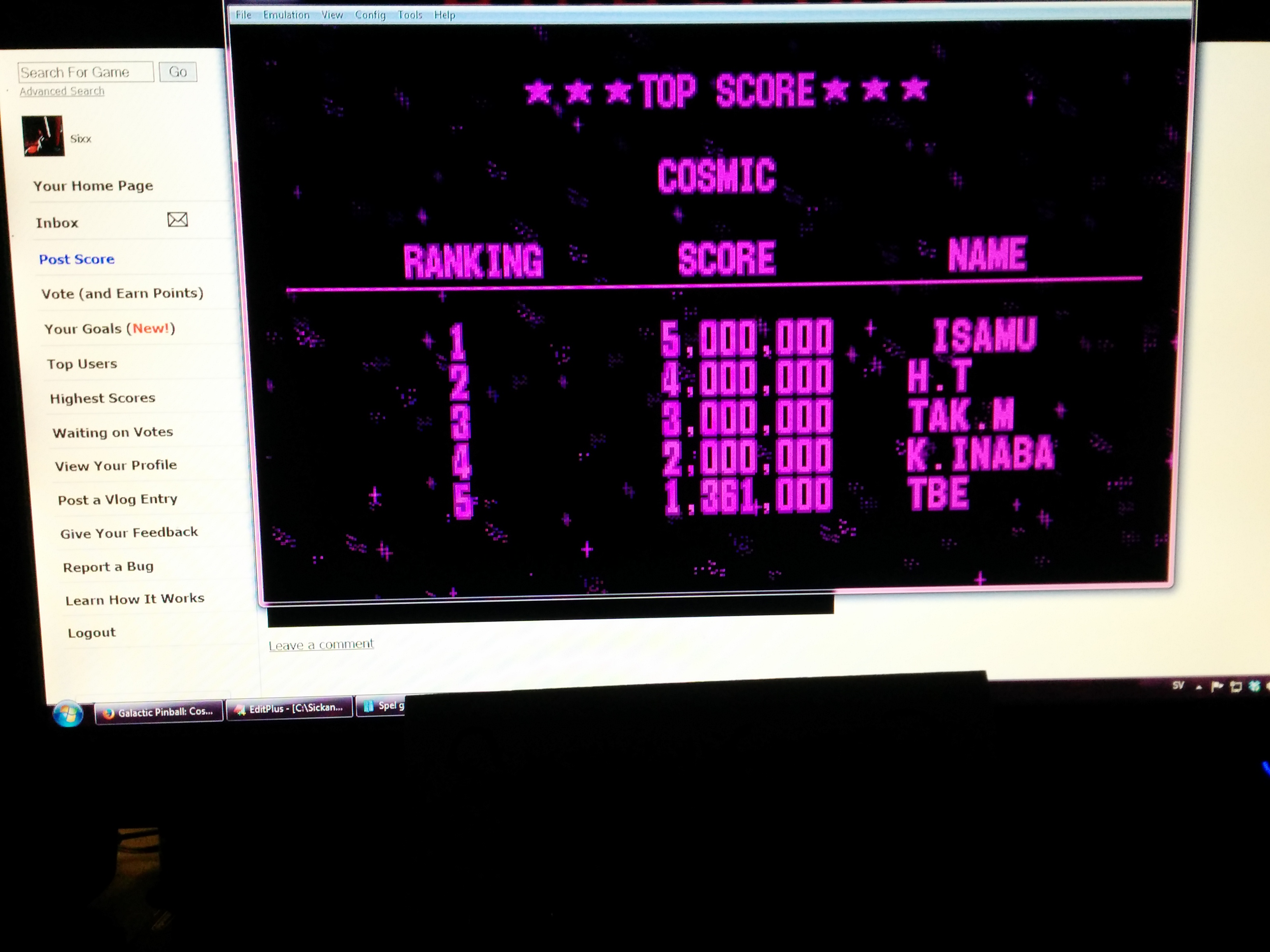 Sixx: Galactic Pinball: Cosmic (Virtual Boy Emulated) 1,361,000 points on 2014-05-04 11:35:52