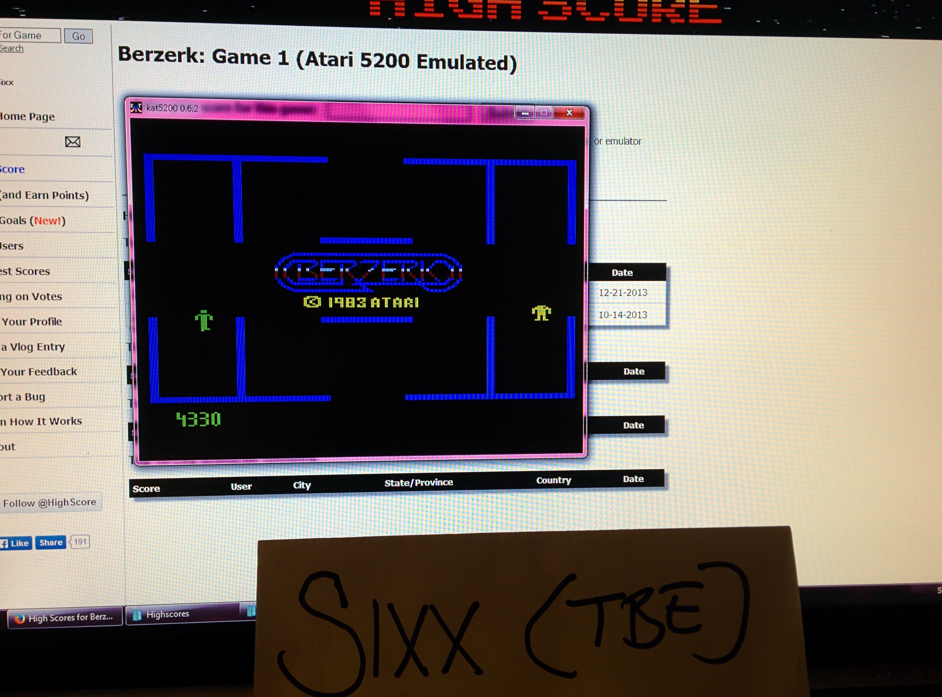 Sixx: Berzerk: Game 1 (Atari 5200 Emulated) 4,330 points on 2014-05-05 18:00:10