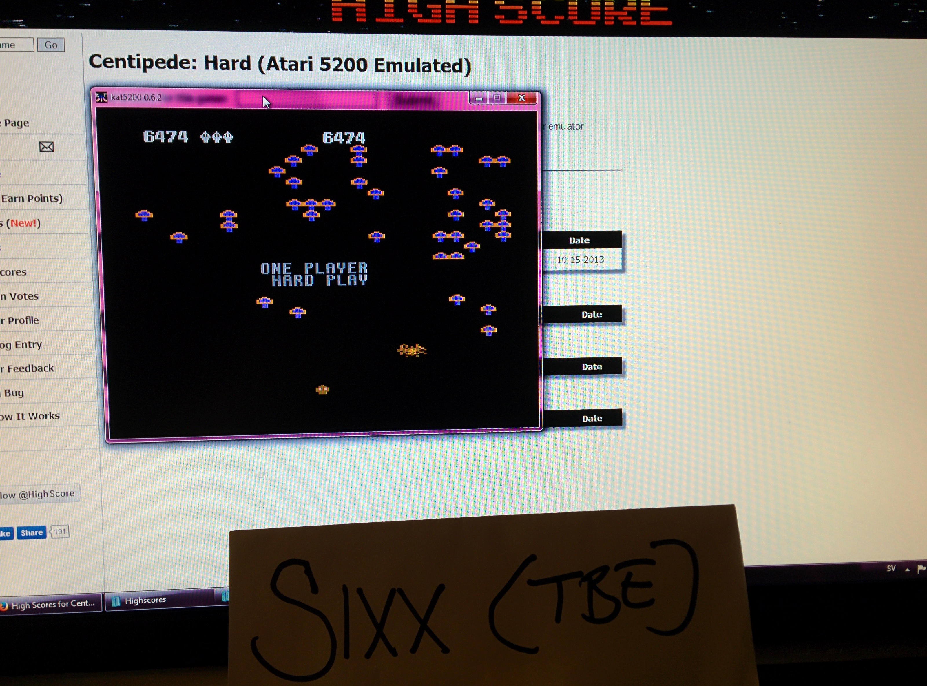 Sixx: Centipede: Hard (Atari 5200 Emulated) 6,474 points on 2014-05-05 18:02:08