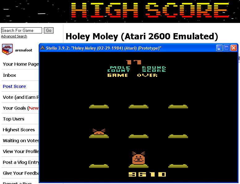 arenafoot: Holey Moley (Atari 2600 Emulated) 9,610 points on 2014-05-11 21:36:12
