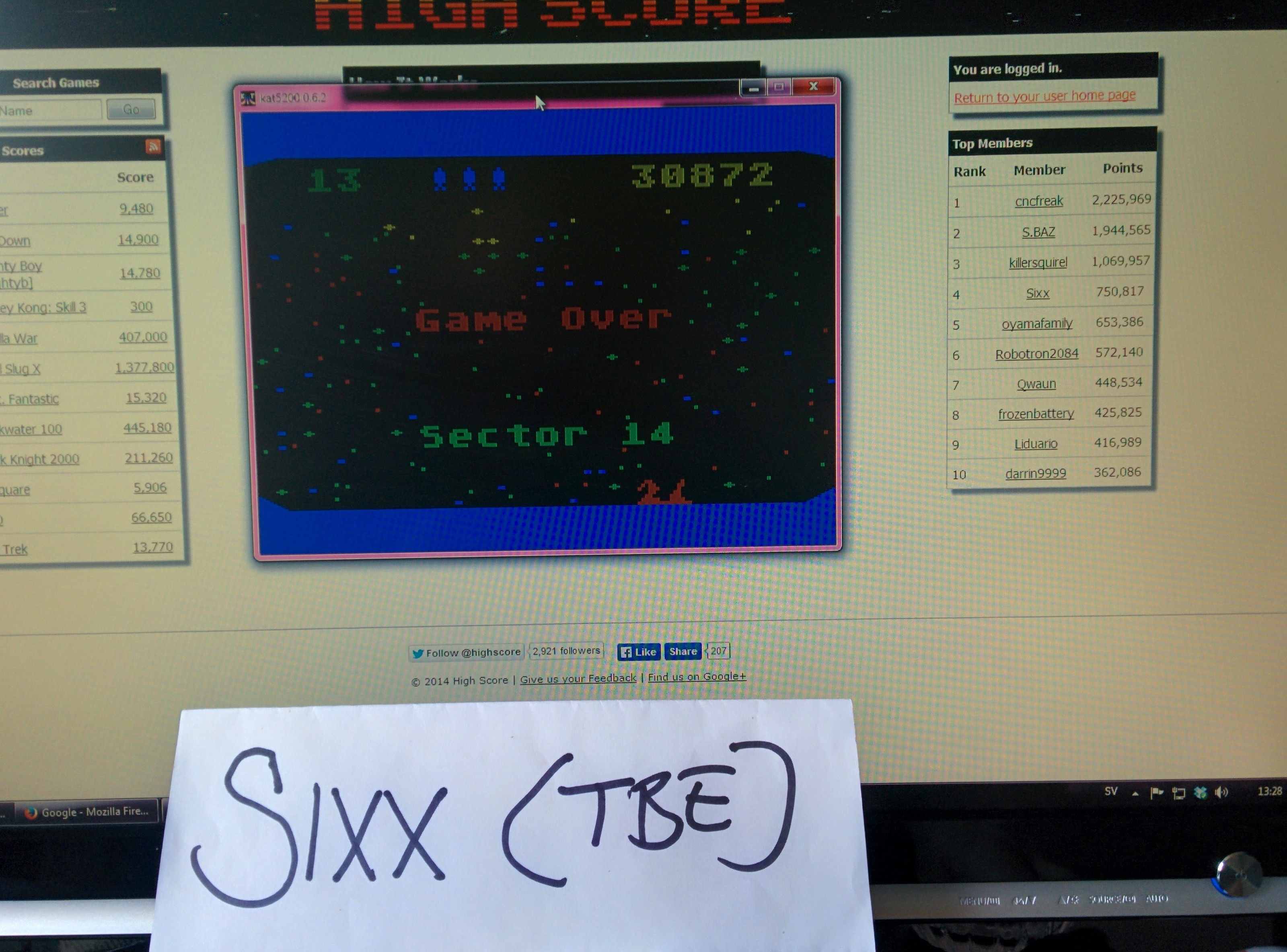 Sixx: Beamrider (Atari 5200 Emulated) 30,872 points on 2014-05-21 05:35:31